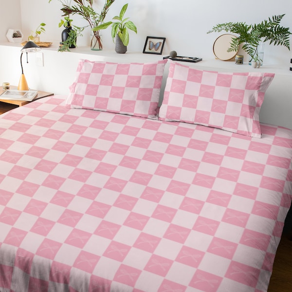 Checkered Bow Coquette Duvet Cover, Pink Coquette Bedding Preppy Bedding Girly Dorm Bedding Set, Soft Girl Aesthetic College Apartment Decor