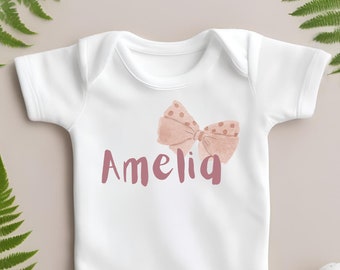 Girls Personalized Name Bow Onesie - Custom Name Baby Girl Onesie short sleeve one piece