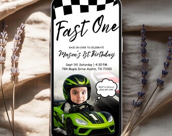 Fast One Race Car 1st Birthday Invitation with Photo, Green Car Animated Video Template (Digital Download)