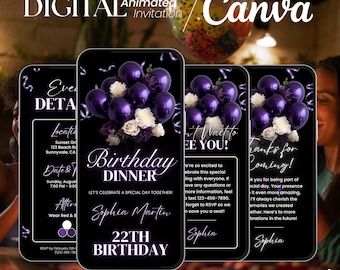 Purple Birthday Dinner party Invitation, Digital Animated Birthday Invite for women, Editable in Canva, Birthday Party Invite for women