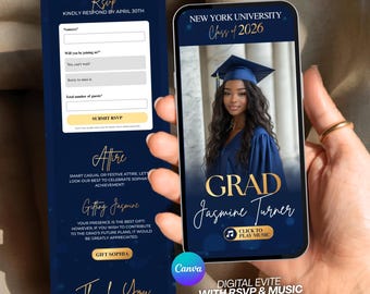 Graduation Website Invitation, Blue Class of 2026 Digital Evite, Text Message Graduation Invitation with RSVP, Editable Canva, Commencement