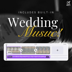 Op de afbeelding: Een screenshot van een digitale audiowerkstation met een paarse golfvorm en drie afbeeldingen van huwelijksuitnodigingen. De tekst "INCLUDES BUILT-IN Wedding Music!" wordt boven de golfvorm weergegeven. De tekst "5.0s-1" en "15.0s" wordt onder de golfvorm weergegeven.