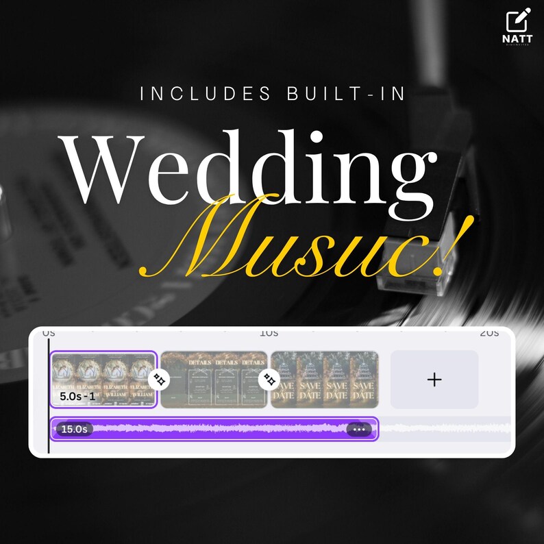 Op de afbeelding: Een screenshot van een digitale audiowerkstation met een paarse golfvorm en drie afbeeldingen van huwelijksuitnodigingen. De tekst "INCLUDES BUILT-IN Wedding Music!" wordt boven de golfvorm weergegeven. De tekst "5.0s-1" en "15.0s" wordt onder de golfvorm weergegeven.