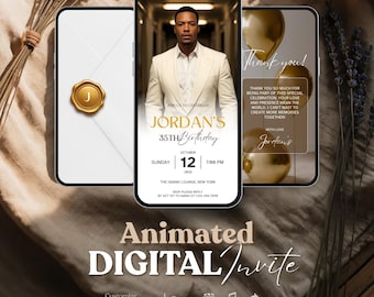 Luxury Men's Birthday Video Invitation, Luxury White and Gold Digital Party Evite for Men, Editable Canva Template for 30th 40th Birthday