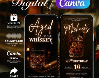 Aged to Perfection Whiskey Birthday Invitation, Digital Video Invite for Men, 40th 50th 60th Birthday, Whiskey Theme Editable Canva Template