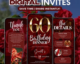 Animated 60th Birthday Digital Invitation: Red and Gold Dinner Party (Digital Download Canva Template)
