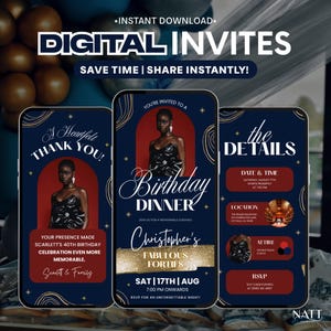 May include: Digital invitation design with a navy blue and gold color scheme. The design features three smartphone mockups displaying event details, including a birthday dinner invitation with the text "Digital Invites". The invitation includes the text "Save Time | Share Instantly!"