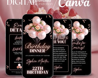 Rose Pink Birthday Dinner party Invitation, Digital Animated Birthday Invite for women, Editable in Canva, Birthday Party Invite for women