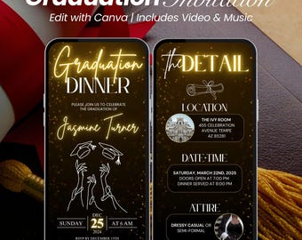 Digital Graduation Dinner Invitation Class of 2025 | Black Gold Animated eCard | Editable Graduation Video Invite