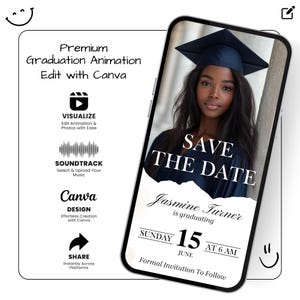 Animated Canva graduation invitation displayed with modern torn paper layout.