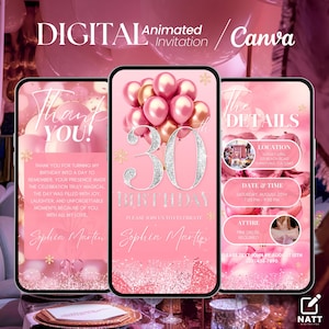Pink 30th Birthday Invitation Animated Canva Template Editable Digital Party Invite Fun & Stylish E-Card Instant Download Birthday Template