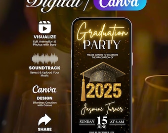 Animated Graduation Invite 2025, Digital Graduation Party Video, Black Gold Digital Invite with Music, Class of 2025 Evite, Instant Download