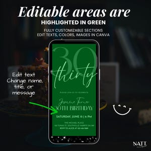 Green overlay highlights the editable areas of the birthday invitation, showing which parts can be customized in Canva.