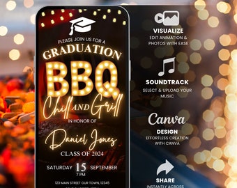 Digital Graduation BBQ Invitation, Animated Canva Template, Digital Grad Party Invite, Editable Class of 2024 Celebration, Grad Party Invite