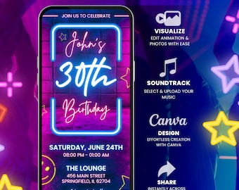 Digital Neon 30th Birthday Invitation Template, Animated Canva Invite, Editable Party Celebration E-Invite, Digital Download, 30th Invite