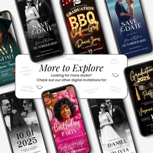Peut inclure: Plusieurs mod&egrave;les de faire-part num&eacute;riques affich&eacute;s sur des smartphones. Les invitations concernent des mariages, des anniversaires, des remises de dipl&ocirc;mes et d'autres &eacute;v&eacute;nements. Le texte "More to Explore" et les d&eacute;tails de l'&eacute;v&eacute;nement sont &eacute;galement visibles.