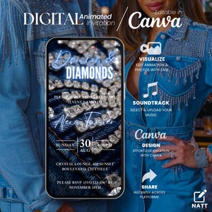 Denim Invitation, Animated Denim Party Invite, Denim Birthday Invitation, Digital Denim & Diamonds Birthday, Blue Jeans and Bling
