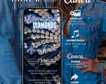 Denim Invitation, Animated Denim Party Invite, Denim Birthday Invitation, Digital Denim & Diamonds Birthday, Blue Jeans and Bling