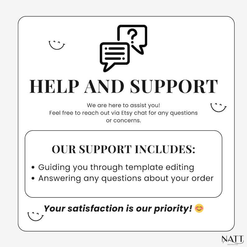 Customer support info card with smiley icons, text about assistance through Etsy chat, and satisfaction guarantee.