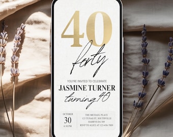 Gold vierzig Geburtstagseinladungsvideo, Didital 40. E-Invite, Elegante 40. Party Evite, bearbeitbare Canva Vorlage, animierte Geburtstagseinladung