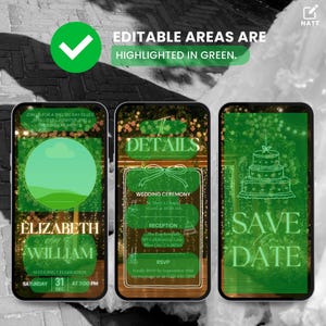 Op de afbeelding: Een huwelijksuitnodiging met een groene achtergrond en gouden glitter. De uitnodiging bevat de namen Elizabeth en William, de datum en tijd van de bruiloft, en de locatie van de ceremonie en receptie. De uitnodiging bevat ook een save-the-date kaart met een groene achtergrond en een witte omtrek van een bruidstaart.