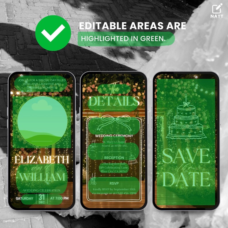 Op de afbeelding: Een huwelijksuitnodiging met een groene achtergrond en gouden glitter. De uitnodiging bevat de namen Elizabeth en William, de datum en tijd van de bruiloft, en de locatie van de ceremonie en receptie. De uitnodiging bevat ook een save-the-date kaart met een groene achtergrond en een witte omtrek van een bruidstaart.