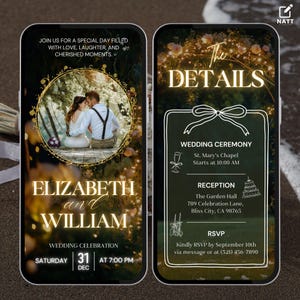 Op de afbeelding: Een huwelijksuitnodiging met een zwarte achtergrond en gouden accenten. De uitnodiging bevat een foto van het paar, de namen Elizabeth en William, en de datum en tijd van de bruiloft. De details van de huwelijksceremonie en de receptie staan ​​op de rechterkant van de uitnodiging.