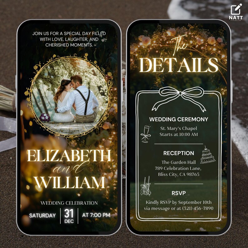Op de afbeelding: Een huwelijksuitnodiging met een zwarte achtergrond en gouden accenten. De uitnodiging bevat een foto van het paar, de namen Elizabeth en William, en de datum en tijd van de bruiloft. De details van de huwelijksceremonie en de receptie staan ​​op de rechterkant van de uitnodiging.