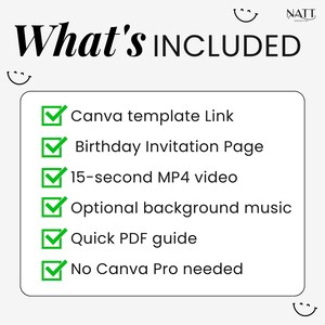 Checklist-style graphic showing what’s included with the digital product—template link, video file, music, and instructions.
