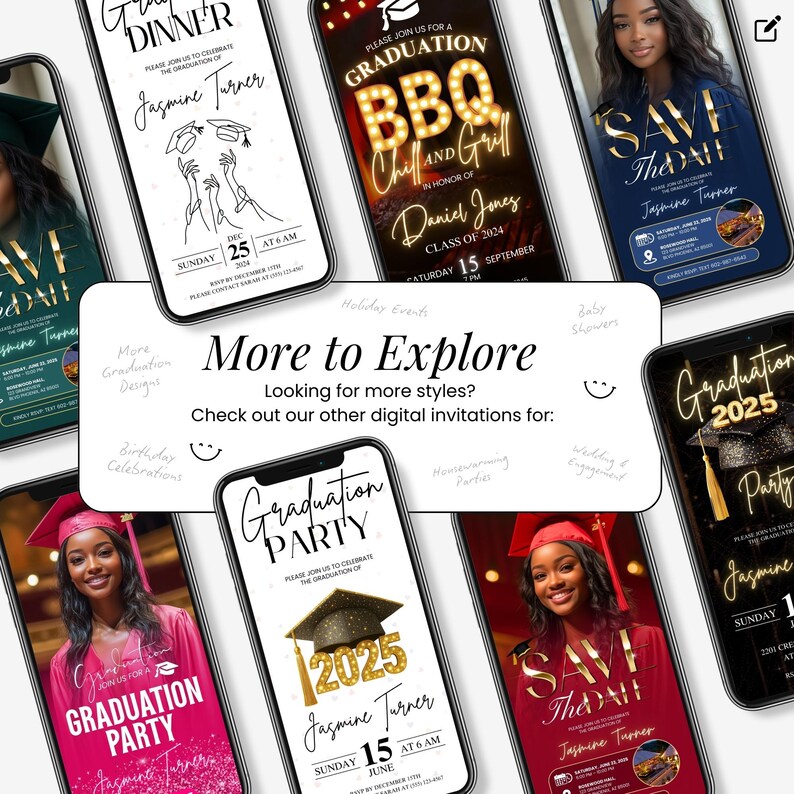 Multiple graduation invitation styles displayed for cross-promotion.