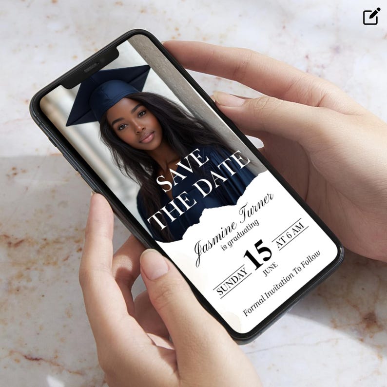 Graduation invitation viewed on smartphone held in hands, realistic mockup style.