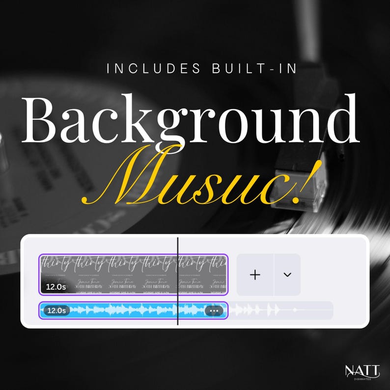 Black and gold graphic featuring a record player and screenshot of a 12-second music timeline built into the invitation.