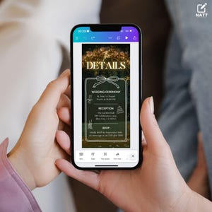 Op de afbeelding: Een huwelijksuitnodiging met een gouden en wit ontwerp. De uitnodiging bevat details over de huwelijksceremonie en de receptie, inclusief datum, tijd en locatie. De tekst luidt "The Details", "Wedding Ceremony", "St. Mary's Chapel", "Starts at 10:00 AM", "Reception", "The Garden Hall", "789 Celebration Lane", "Bliss City, CA 98765", "RSVP", "Kindly RSVP by September 10th", "via message or at 320-456-7890".