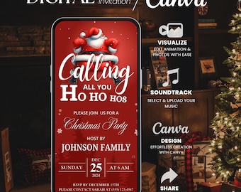 Christmas Party Digital Invitation, Editable Canva Template, Calling All You Ho Ho Hos Christmas Party Invite, Red Christmas Party Invite