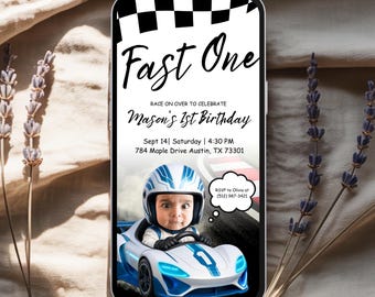 Fast One Race Car 1st Birthday Invitation with Photo, Blue Car Animated Video Template (Digital Download)