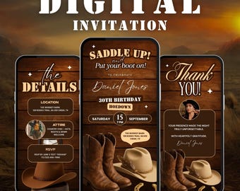 May include: Digital invitation design with a western theme. The design features three smartphone screens displaying details for a birthday hoedown. The screens show cowboy boots, hats, and the text "Saddle Up!" and "Thank You!"