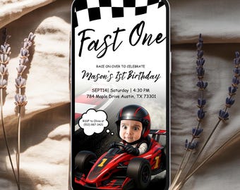 Fast One Race Car 1st Birthday Invitation with Photo, Red Car Animated Video Template (Digital Download)