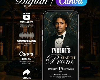 Animated Black Gold Prom Sendoff Invitation, Men Editable Prom Party, Digital Graduation Send Off E-Invite for Boys, King Prom Party Invite