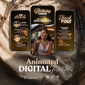 Elegant Black and Gold Birthday Dinner invitation Video, Digital Birthday Dinner Invite, 30th Birthday Video Template Canva, elegant invite