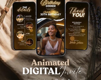 Elegante video invitación para cena de cumpleaños en negro y dorado: Plantilla para 30 cumpleaños (descarga digital MP4)