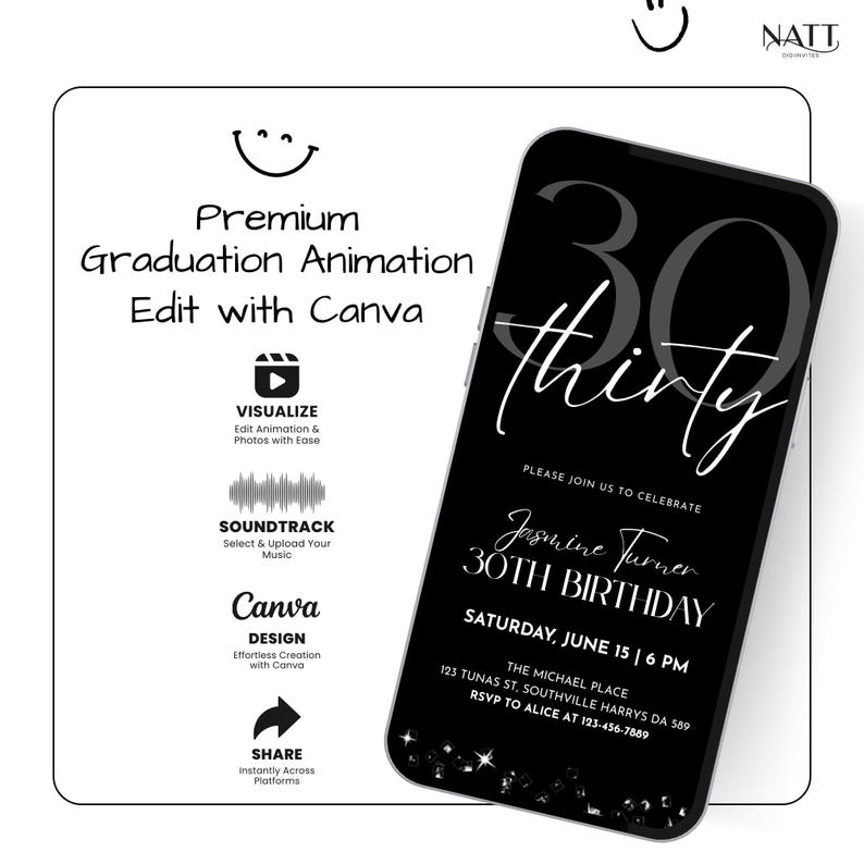 Minimalist showcase of a black 30th birthday invitation on a white background with icons for animation, music, Canva editing, and sharing.