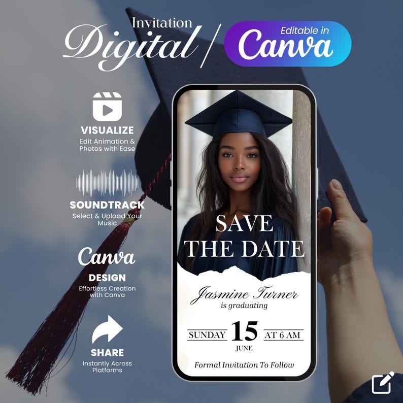 Save the Date digital graduation invitation shown on smartphone with blue cap background.