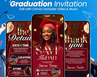 Faire-part de remise des diplômes 2025 | Vidéo d'invitation animée « Réservez la date » | Evite de remise des diplômes rouge modifiable | Invitation numérique de la promotion 2025