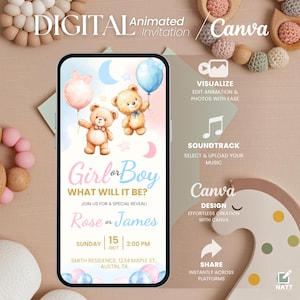 Invitación animada para revelar el género, globo editable, tarjeta electrónica para fiesta de baby shower digital de Evite, plantilla electrónica para revelar el género