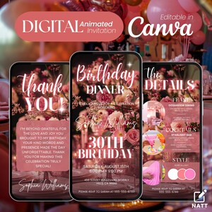 Puede incluir: Una invitación digital para una cena de cumpleaños número 30. La invitación presenta un diseño floral rosa y blanco con el texto "Sophia Williams 30 cumpleaños Cena" y detalles sobre el evento, incluida la fecha, la hora y la ubicación. La invitación también incluye un mensaje de agradecimiento a los invitados.