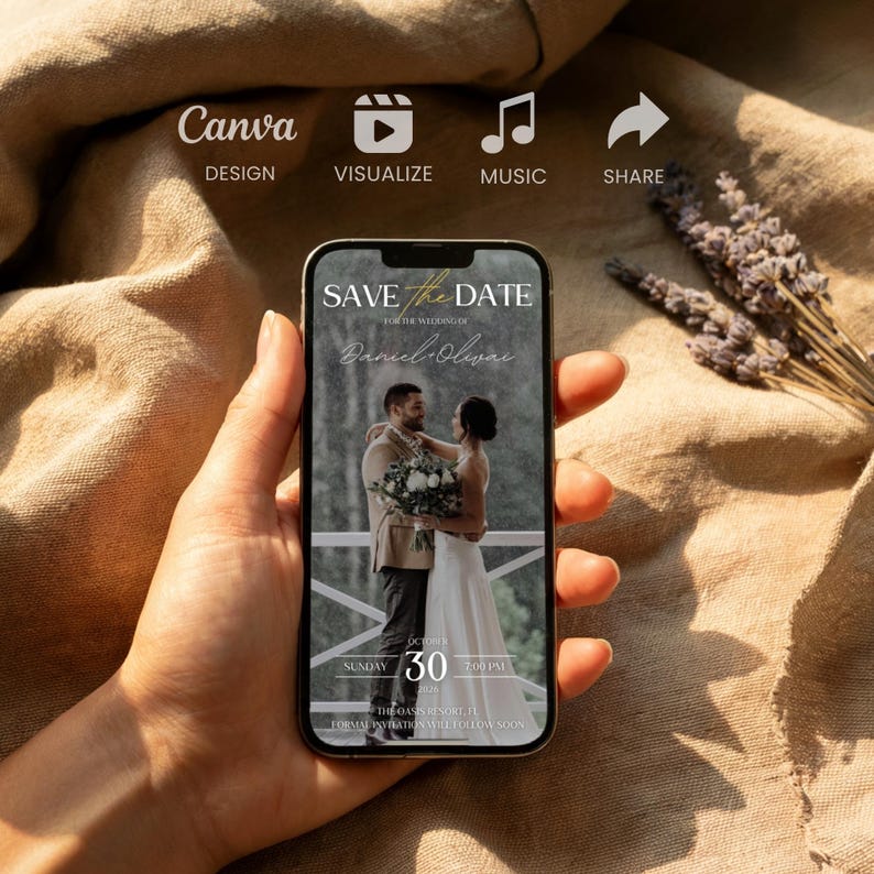 May include: A smartphone displays a wedding invitation with the text "Save the Date" and the names "Daniel & Olivia." The image shows a couple embracing. Additional icons for design, visualize, music, and share are visible.
