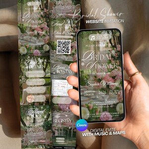 May include: A digital bridal shower invitation on a smartphone screen. The invitation includes floral arrangements, event details, and the names Sophia Williams, Ethan & Sophia. The invitation also includes a QR code and a Canva logo.