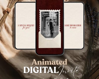 Animated Wedding Save The Date Video, Vintage Burgundy Photo Invite, Envelop Wedding invitation Canva Templats