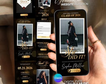 Graduation Website Invitation Template | Black & Gold Class of 2026 Digital Evite | Text Message Graduation Invitation with RSVP