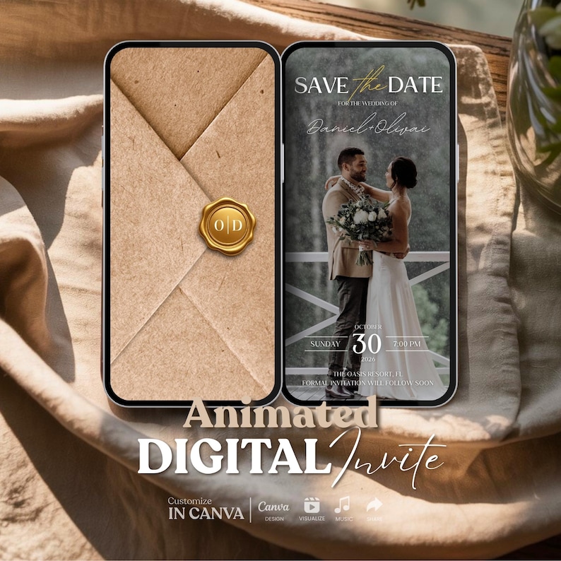 May include: Two smartphones displaying a digital wedding invitation. One shows a kraft paper envelope with a gold seal. The other displays a couple with the text "Save the Date" and wedding details. The words "Animated Digital Invite" are at the bottom.